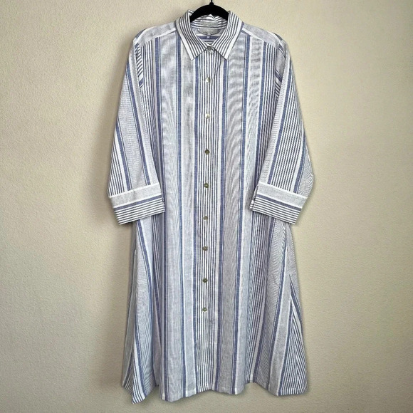 Hinson Wu Tamron 3/4 Sleeve Linen Variegated Stripes Dress Blue White Medium - Picture 1 of 7